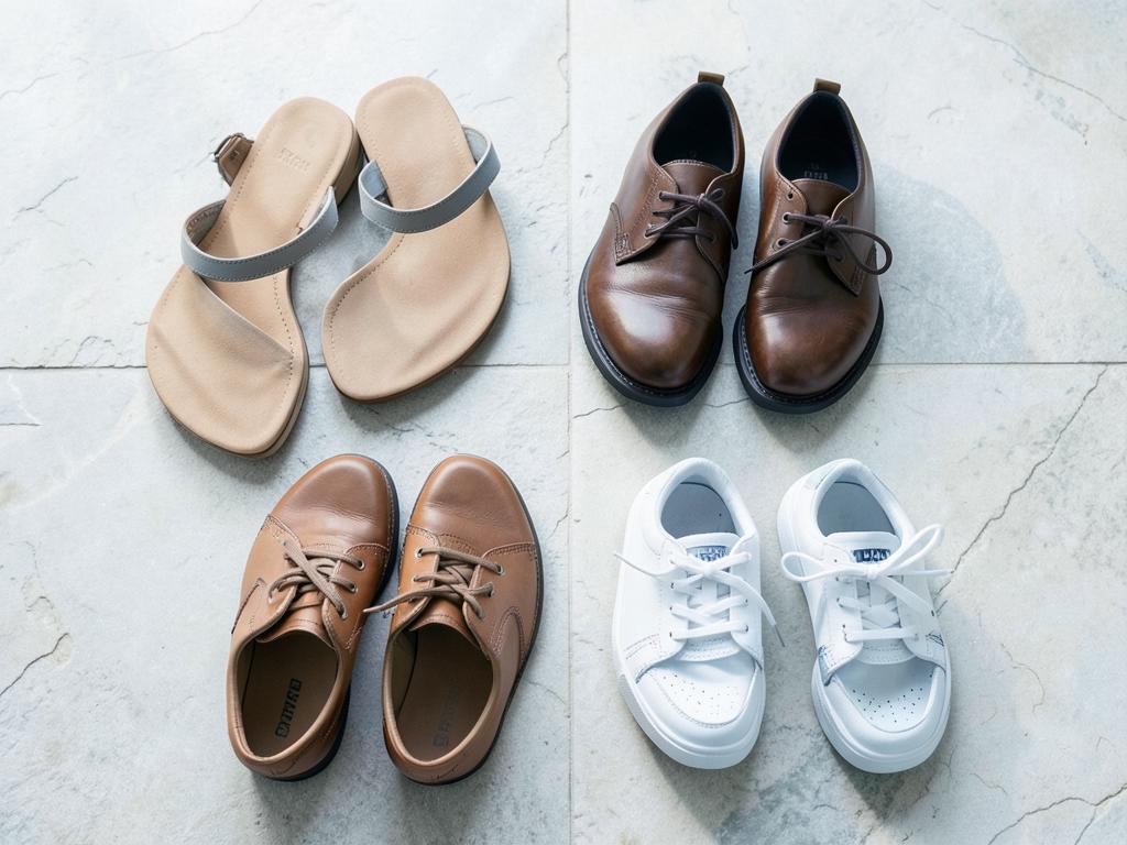 Variedade de calçados: sandálias, sapatos de couro e tênis